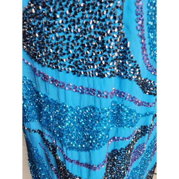 Cache Vintage Beaded Silk Blue Open Back Gown Maxi Dress High Slits Size Large - Picture 4 of 13